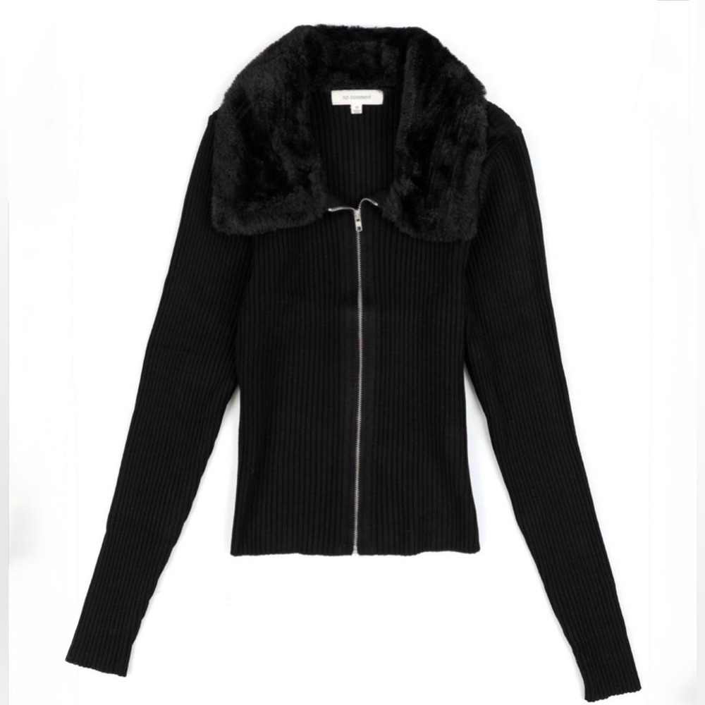 NO COMMENT Black Ribbed Zip-Up Sweater with Faux Fur Collar XXS XS